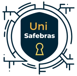Logo da Universidade Corporativa da Safebras, tem conexão de tecnologia, brasão azul e fechadura amarela